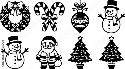 Black and white vector set of merry christmas icons including wreath candy canes ornament snowman santa claus and decorated christmas trees in flat style