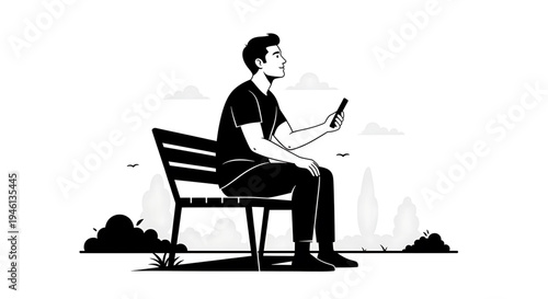 Silhouette A man sits on a park bench looking at his smartphone in a minimalist city park setting