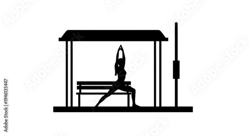 Silhouette A woman practices yoga in a bus stop shelter, a black silhouette vector graphic