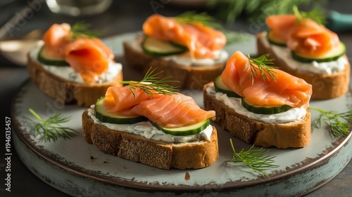 Delicious gourmet smoked salmon canapés with fresh dill and cucumber slices, perfect elegant party appetizers.