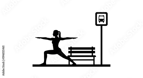 Silhouette A woman in a yoga pose at a bus stop with a bench