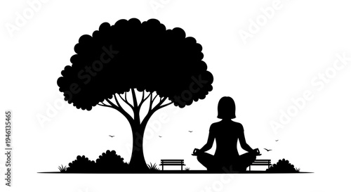 Silhouette A serene silhouette of a woman meditating under a tree in a peaceful park setting