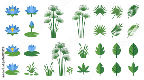Vibrant flat design vector collection of diverse green aquatic plants tropical leaves and blue water lilies.