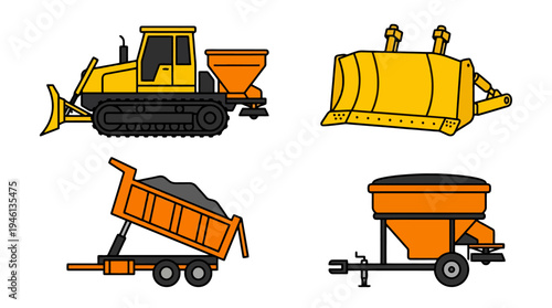 Vibrant flat design heavy machinery vector set featuring a bulldozer blade dump trailer and a utility spreader.