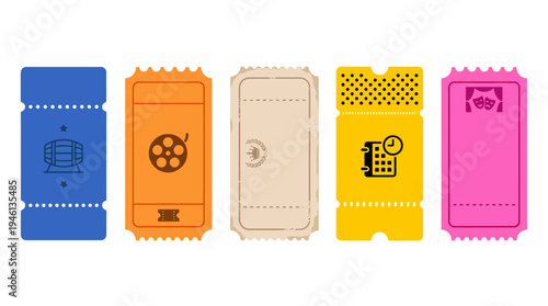 Vibrant collection of five colorful event tickets each with unique icons for various entertainment and scheduling.