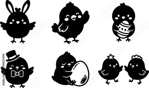 Cute black silhouette chicks collection with easter eggs top hat bow tie and bunny ears celebrating festive spring holiday vector icons