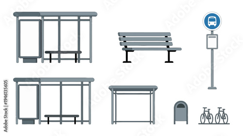 Minimalist flat design urban street furniture set with grey bus stops benches sign trash bin bike rack.