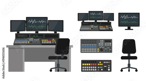 Modern Broadcast Studio Control Equipment Vector Set Monitors Audio Mixers Switchers and Ergonomic Chair.