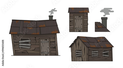 Rustic cartoon wooden shacks with rusty corrugated roofs boarded windows and smoking chimney details.