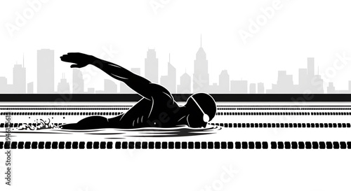 Silhouette A black silhouette of a swimmer in a swimming pool with a city skyline in the background