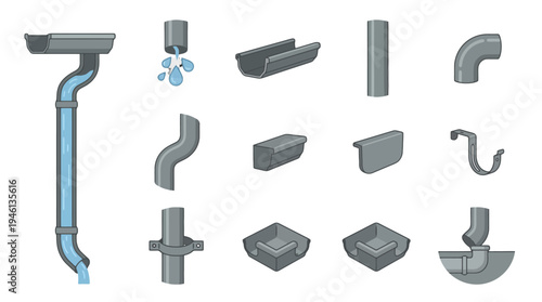 Grey rainwater gutter and downspout system components including pipes elbows and channels with flowing water in a flat vector style.