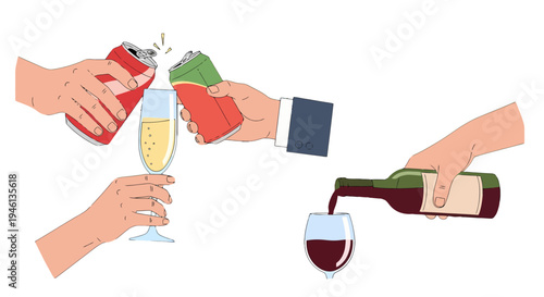 Illustrative hands pouring sparkling drinks from colorful cans into a flute and red wine from a bottle into a glass.