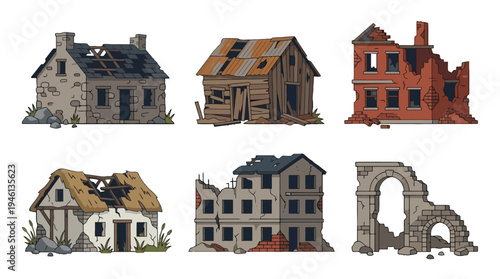 Illustrated collection of various ruined buildings including stone cottages wooden shacks and brick structures with a crumbling archway.