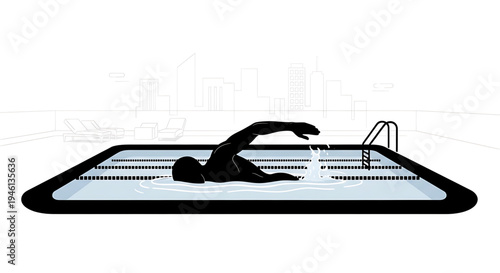 Silhouette A minimalist vector illustration of a swimmer in a rooftop pool with a city skyline background