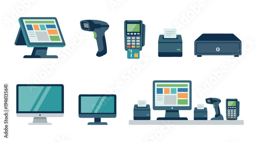 Flat design retail pointofsale system equipment icons POS terminal scanner card reader printer cash drawer.