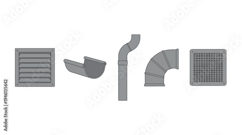 Flat design grey ventilation and drainage components set louvered vent gutter downspout elbow pipe grid drain.