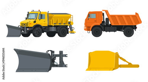 Flat design heavyduty vehicles yellow snowplow truck orange dump truck gray plow yellow loader bucket illustration.