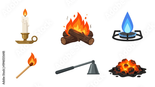 Flat Design Fire and Heat Source Icons Candle Campfire Gas Burner Match Snuffer Coals.
