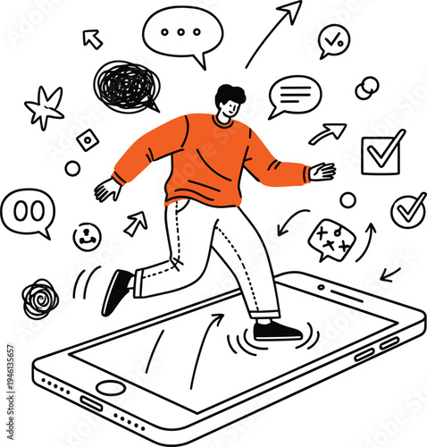 A man stepping out of a smartphone surrounded by digital communication icons