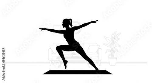 Silhouette A woman in a yoga pose in a living room with a plant and furniture in the background