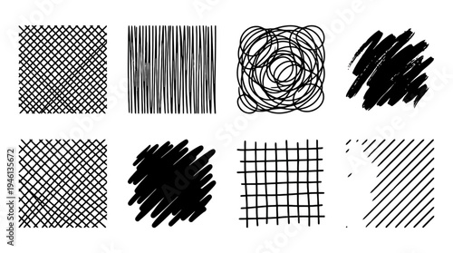 Diverse set of eight handdrawn black ink graphic textures featuring crosshatch parallel lines scribbles and solid brush strokes.