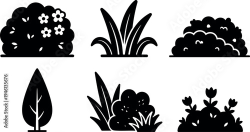 Silhouette vector icons of various shrubbery bushes leafy plants and flowers isolated on white background simple garden nature greenery elements set