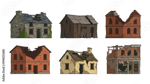 Diverse cartoon vector set of six dilapidated buildings featuring crumbling stone weathered wood and cracked brick structures.