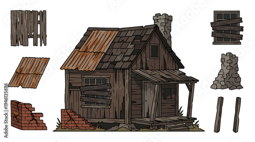 Dilapidated wooden shack with rusted corrugated roof boarded windows and stone chimney.