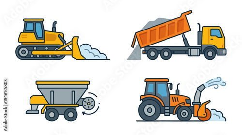Vibrant heavy construction and utility vehicles icon set featuring bulldozer dump truck spreader and snow blower.