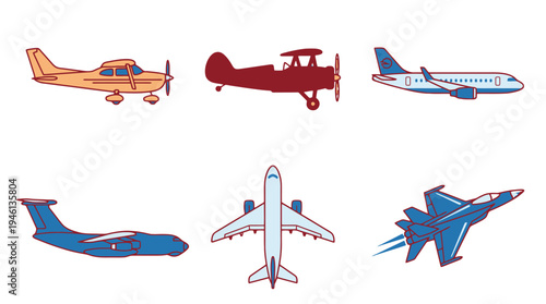 Vibrant Illustrated Aircraft Set Propeller Biplane Commercial Cargo and Fighter Jets.