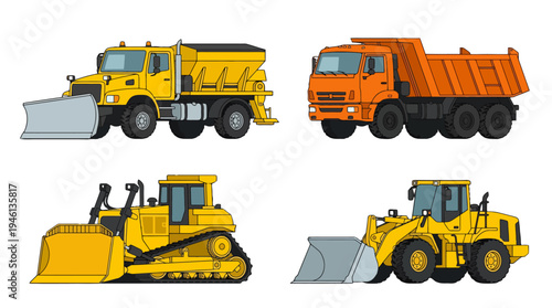 Vibrant Heavy Equipment Collection Yellow Snowplow Orange Dump Truck Bulldozer Wheel Loader Illustrations.