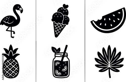 Flat design tropical icons set with flamingo pineapple ice cream watermelon juice and palm leaf silhouette on white background