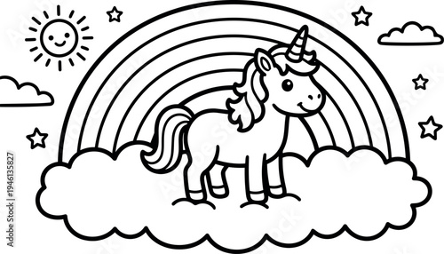 Cute smiling unicorn with horn standing on fluffy cloud under rainbow with sun stars and clouds in line art style