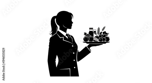 Silhouette A black silhouette of a waitress holding a tray of food and drinks