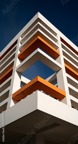 Sharp angled architectural facade with white and orange details under sky