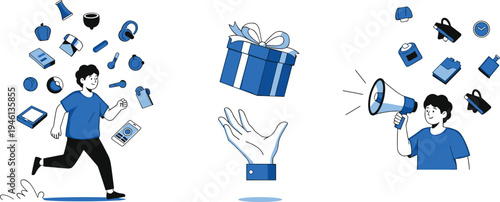 A man interacting with various digital and physical objects