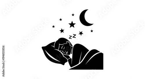 Silhouette A minimalist vector illustration of a person peacefully sleeping under the stars and moon