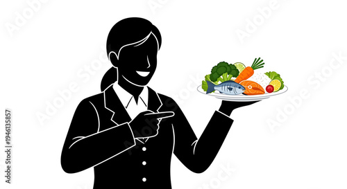 Silhouette A minimalist vector illustration of a waitress holding a plate of healthy food