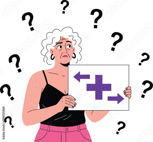 Confused woman holding a sign with a plus symbol and arrows