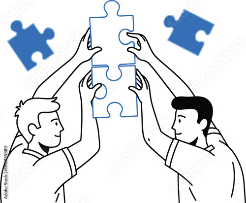 Two men working together to complete a puzzle