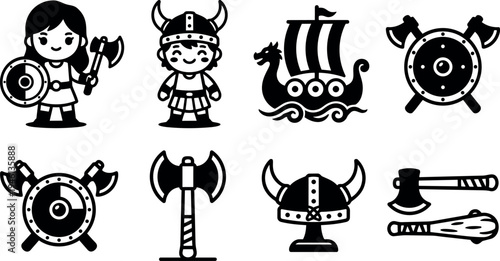 Flat design smiling viking boy with helmet and girl warrior holding axe and shield viking ship and weapons icons set