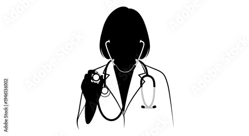 Silhouette A black silhouette of a female doctor wearing a stethoscope and lab coat, holding a medical tool.