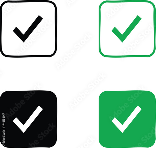 Black and green checkmarks inside square boxes with white backgrounds