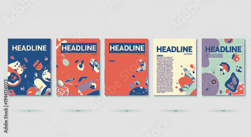 Colorful magazine covers with abstract designs and headline text on white background