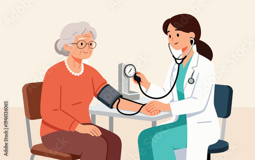 Blood PressuFemale doctor with stethoscope measuring blood pressure of senior woman patient during medical checkup, healthcare vector illustrationre 2