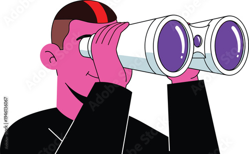 Man looking through binoculars with curiosity and attention to detail