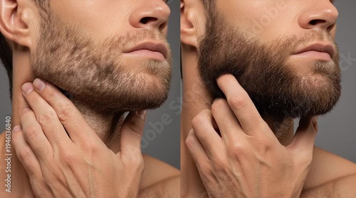 Grooming Guide: A side-by-side comparison showcasing the art of facial hair grooming and styling, highlighting a refined and polished aesthetic.