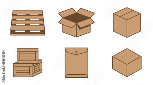 Isometric brown packaging and shipping containers open box closed box pallet crates envelope.