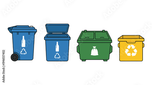 Illustrated blue wheeled and openlid bins green dumpster yellow container featuring bottle bag and recycling symbols.