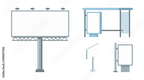 Flat vector set of blank outdoor advertising signs a large billboard bus stop display and various street signs ready for content.